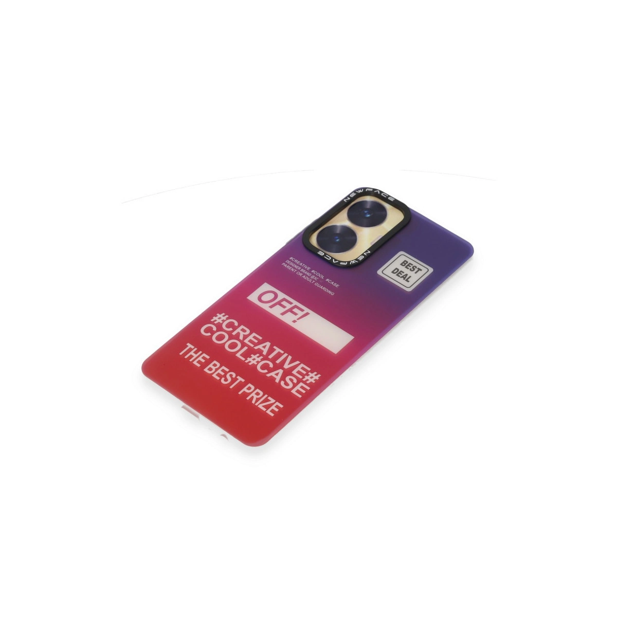 Mor-kırmızı telefon kılıfı, #CREATIVE #COOL #CASE yazısı ve kamerasıyla.