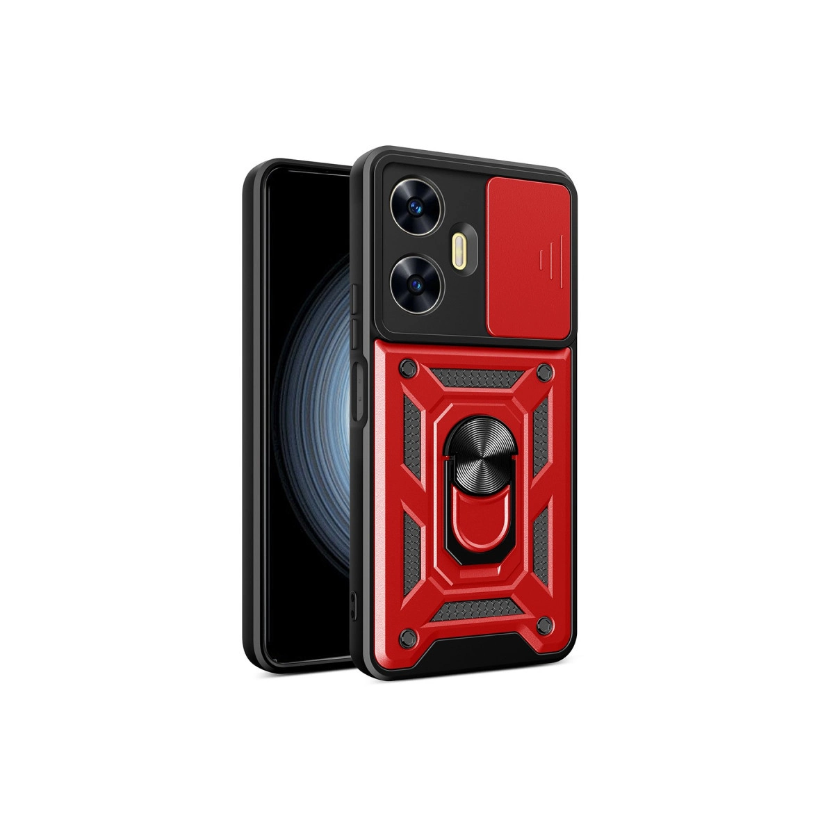 Siyah halkalı ve kamera kapaklı kırmızı telefon kılıfı, telefonun yanında duruyor.