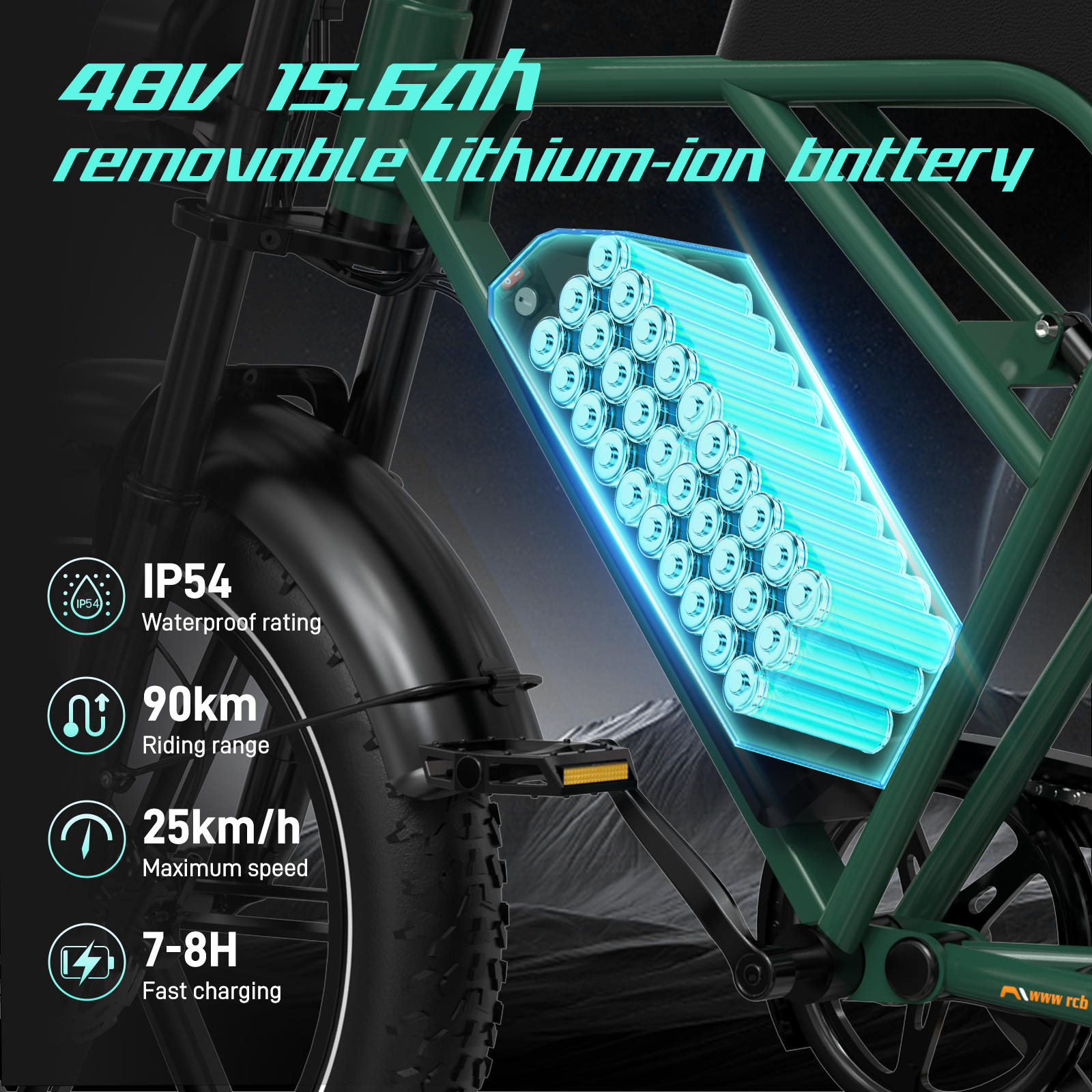 E-Bike mit 48V 15,6Ah entnehmbarem Akku, 90km Reichweite, 25km/h Max, IP54.