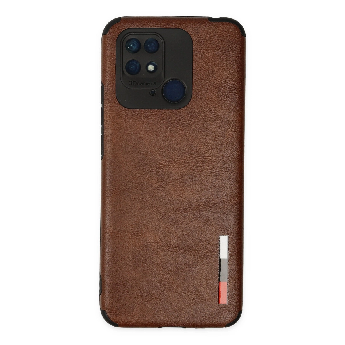 Dikey şeritli kahverengi telefon kılıfı ve kamera modülü.