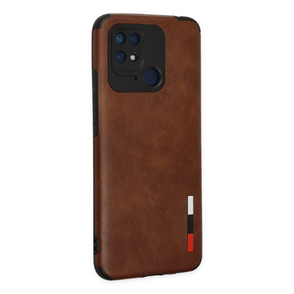 Üç lensli siyah kamera modülüne sahip kahverengi telefon kılıfı.