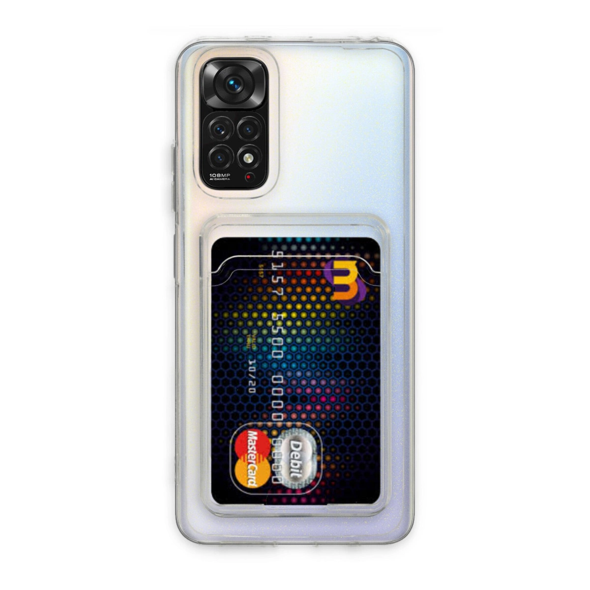 Arkada bir kart bulunan şeffaf telefon kılıfı.