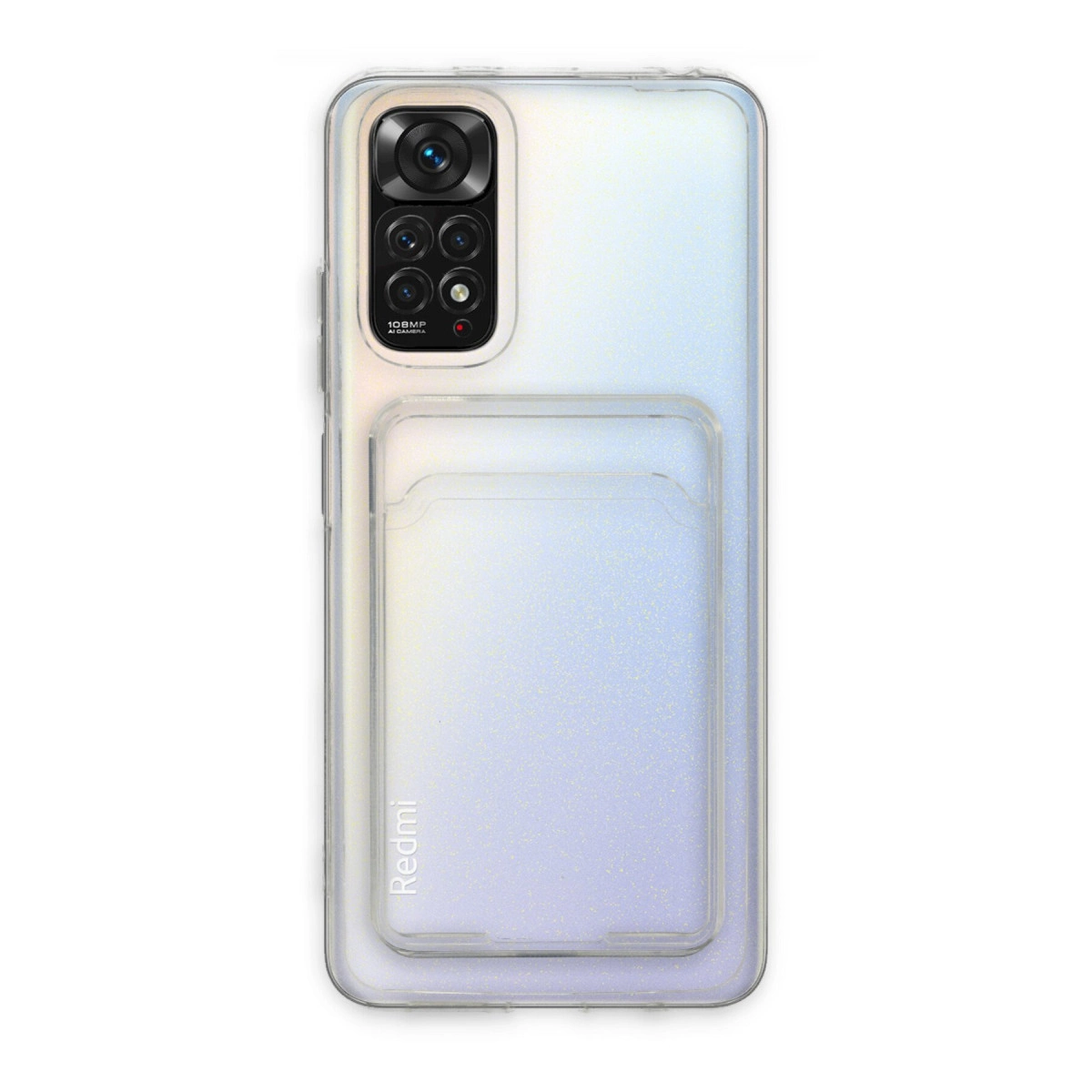 Simli şeffaf telefon kılıfı, kamera modülünü ve kart yuvasını gösterir. Redmi logosu görünür.