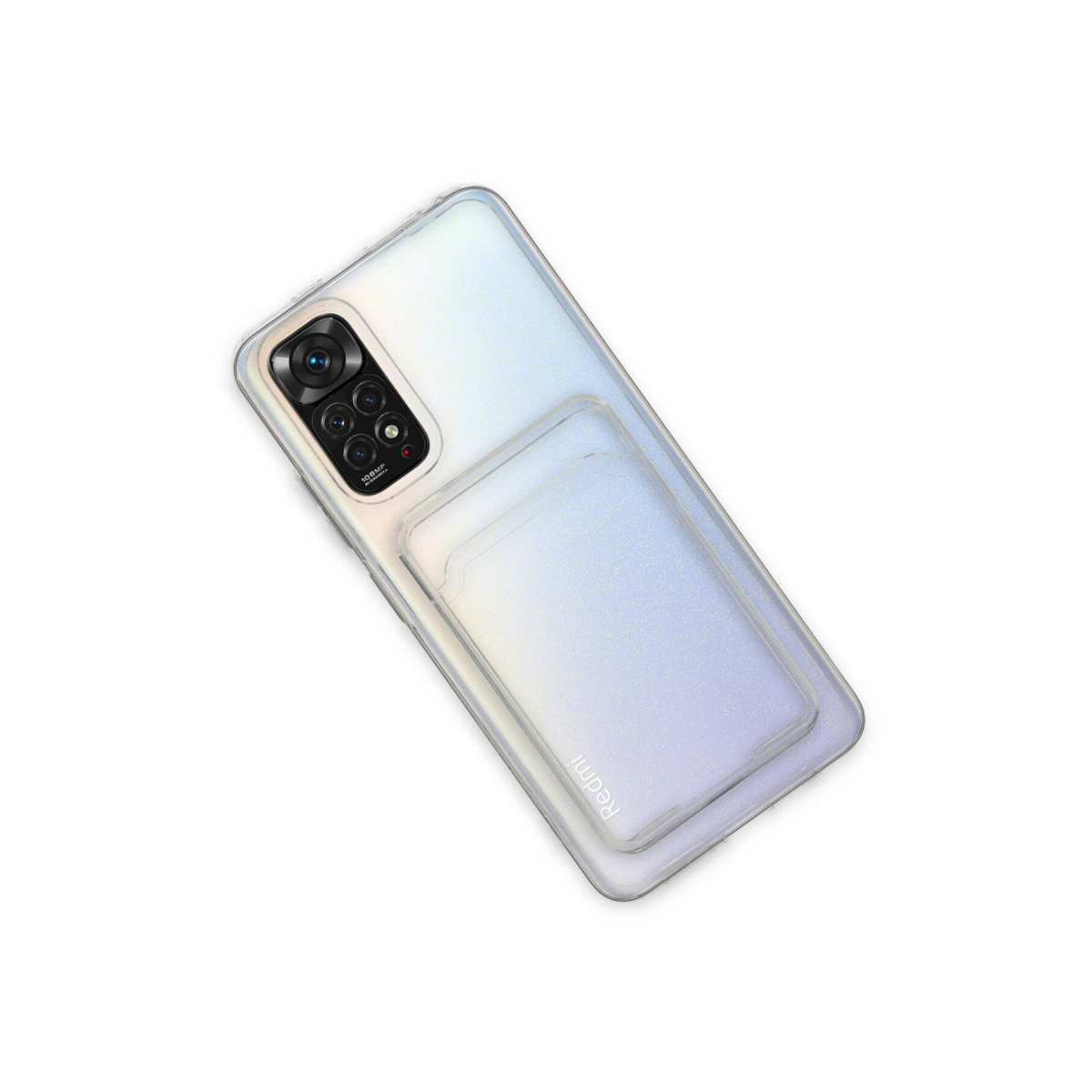 Kamera modülü ve "Redmi" logosu olan şeffaf telefon, beyaz arka plan üzerinde.