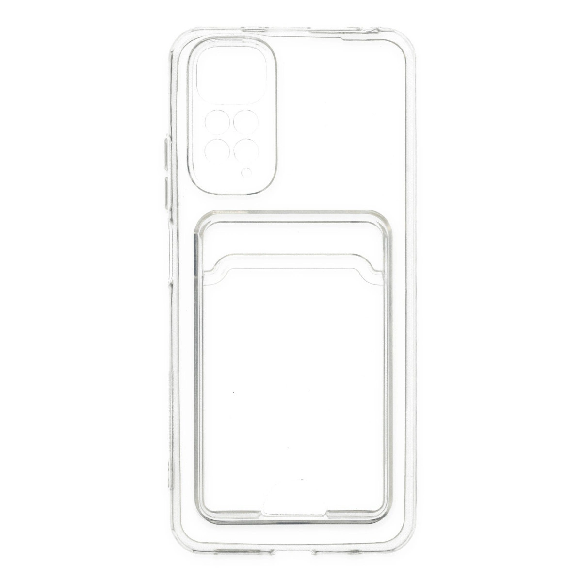 Kart yuvalı ve kamera kesimli şeffaf telefon kılıfı.