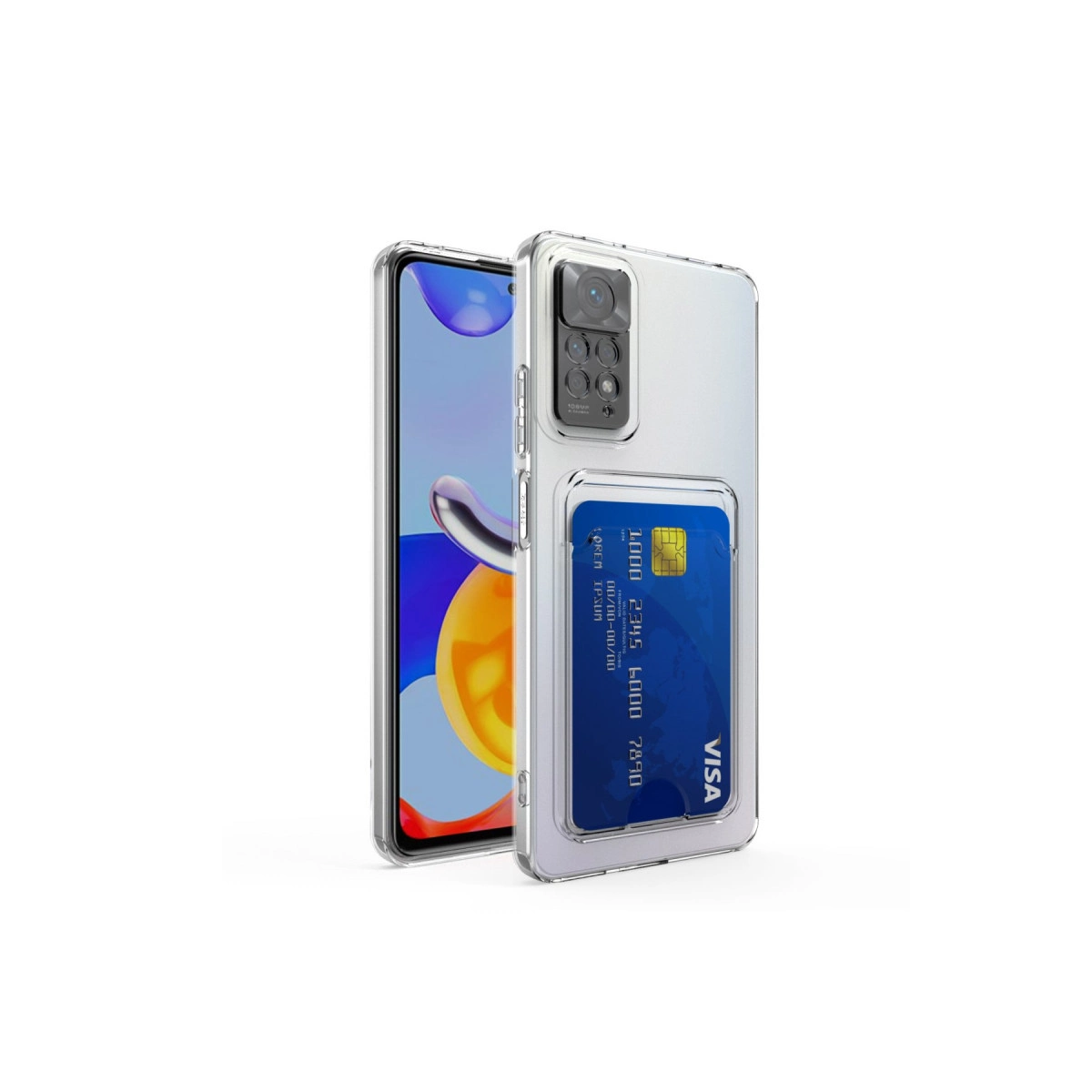 Arkada mavi kredi kartı bulunan şeffaf telefon kılıfı.