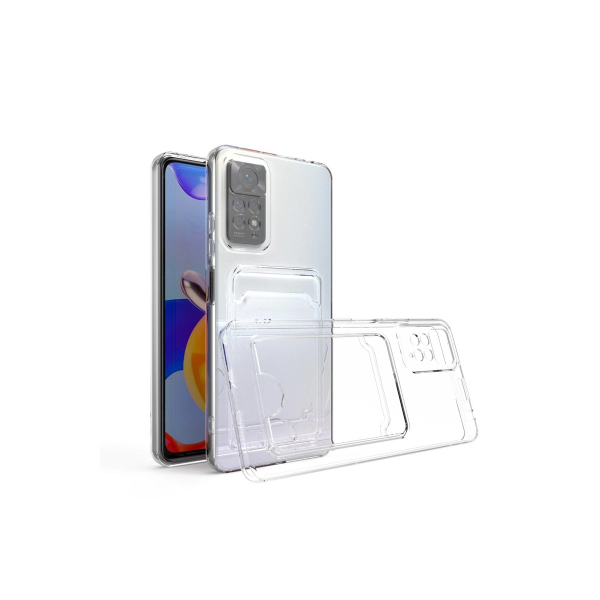 Kartlıklı şeffaf telefon kılıfı bir akıllı telefonun önünde duruyor.