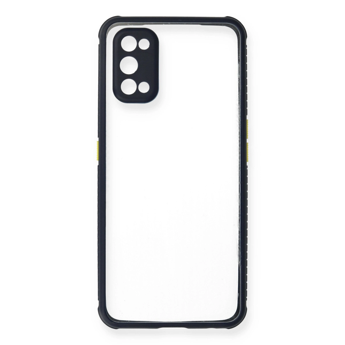 Siyah çerçeveli ve kamera kesimli şeffaf telefon kılıfı.