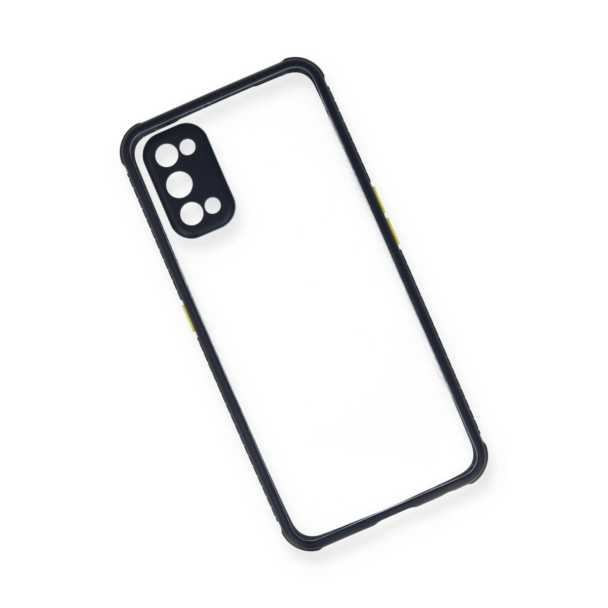 Siyah çerçeveli ve kamera modüllü şeffaf telefon kılıfı.