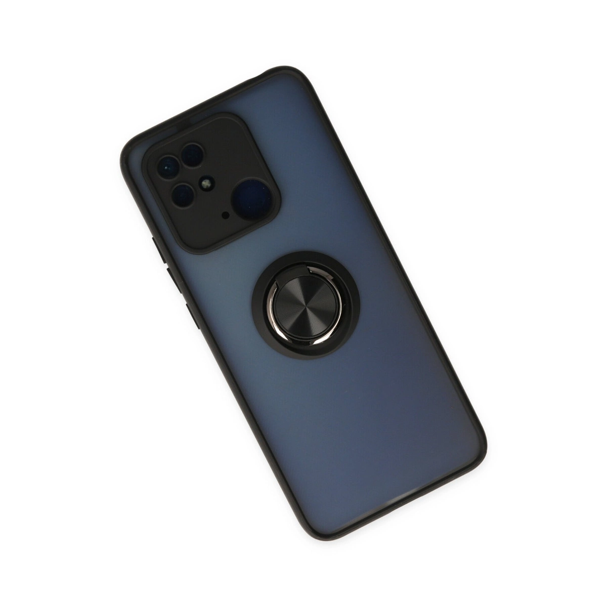 Siyah kamera modüllü ve gümüş halka tutuculu lacivert telefon kılıfı.