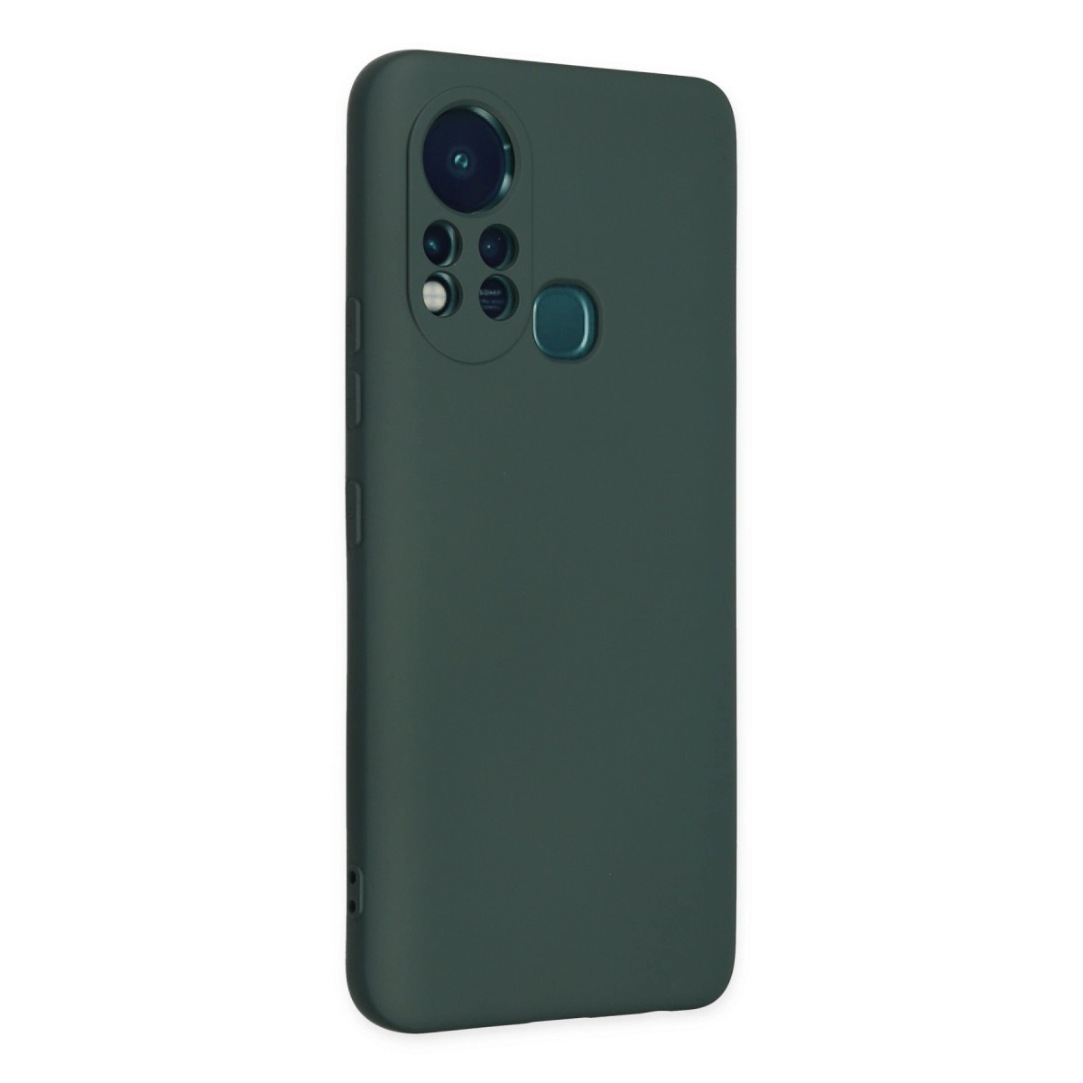 Kamera modülü ve parmak izi sensörlü koyu yeşil telefon kılıfı.