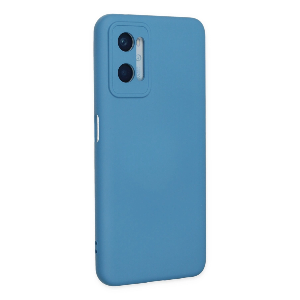 Arkada iki kamera lensi ve flaşlı mavi telefon kılıfı.