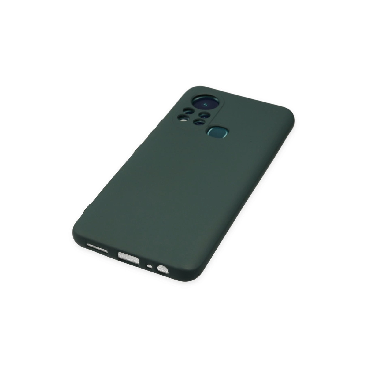 Dört kameralı koyu yeşil telefon kılıfı beyaz arka planda.