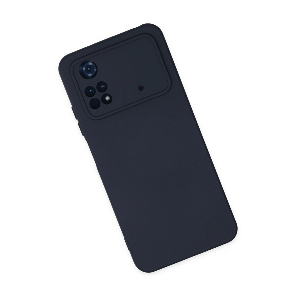 Beyaz arka plan üzerinde kamera lensleri ve flaşlı koyu mavi telefon kılıfı.