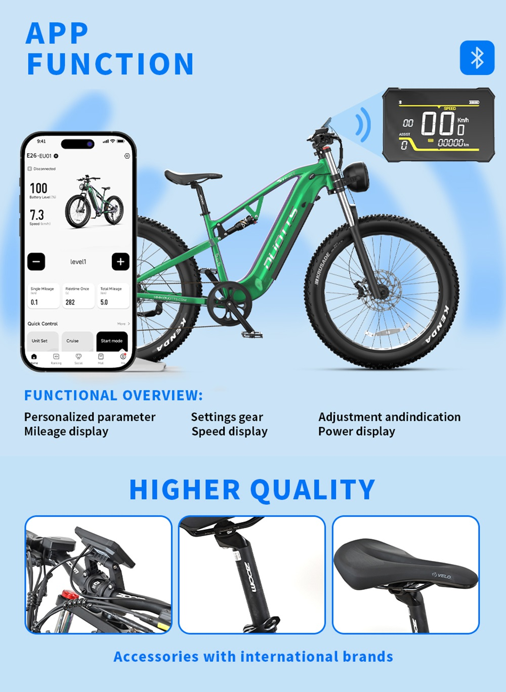 Bici elettrica verde con display app, cruscotto e accessori.