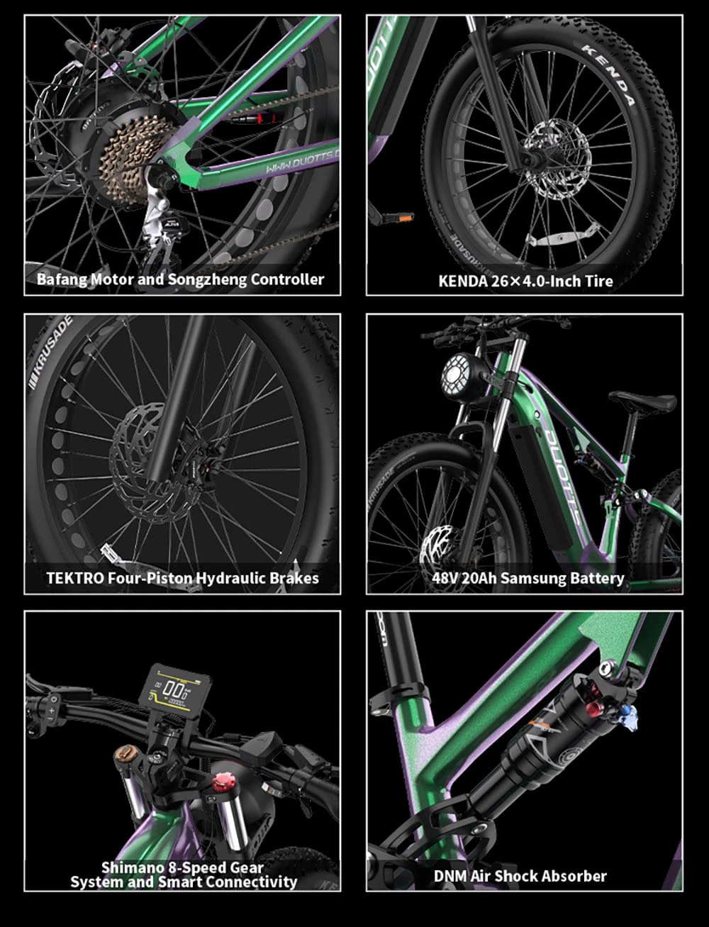 Sei viste dettagliate di una e-bike verde che mostrano motore, pneumatici, freni, batteria, display e ammortizzatore.