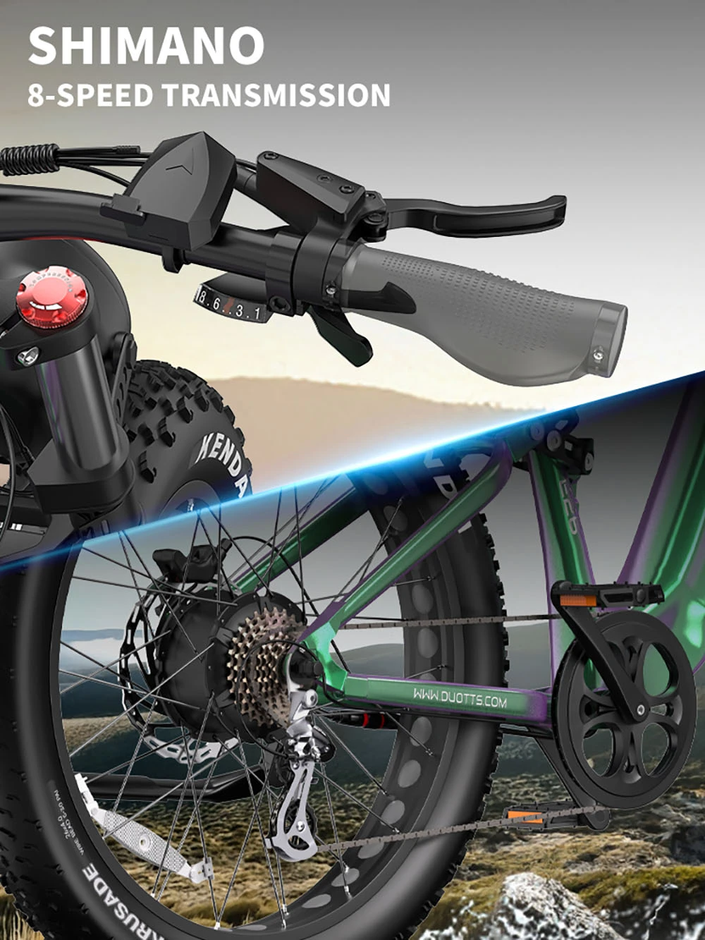 Cambio Shimano 8 velocità su manubrio, ruota e trasmissione bici.