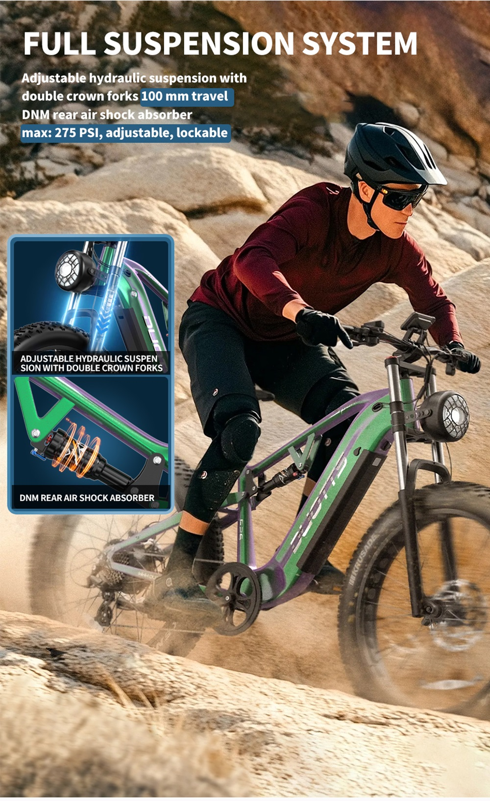 Un uomo guida una e-bike verde a sospensione completa su terreno roccioso.