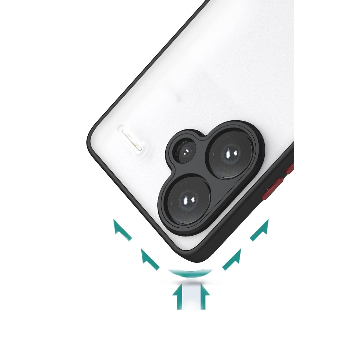 Siyah çerçeveli ve kamera modüllü beyaz akıllı telefonun arkası.