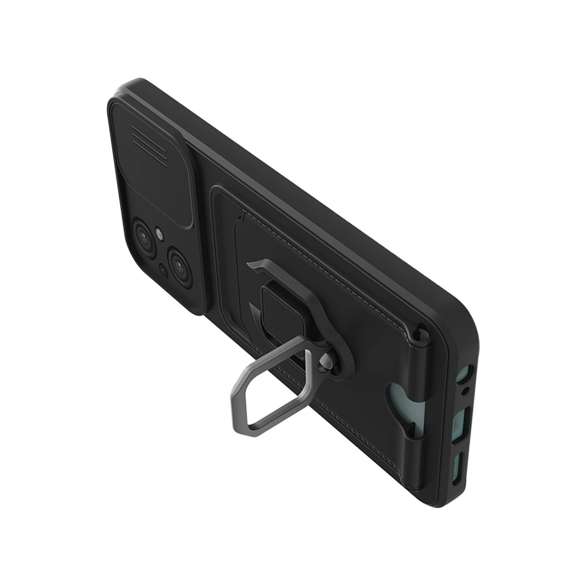 Beyaz arka plan üzerinde halka tutuculu ve kamera kapaklı siyah telefon kılıfı.