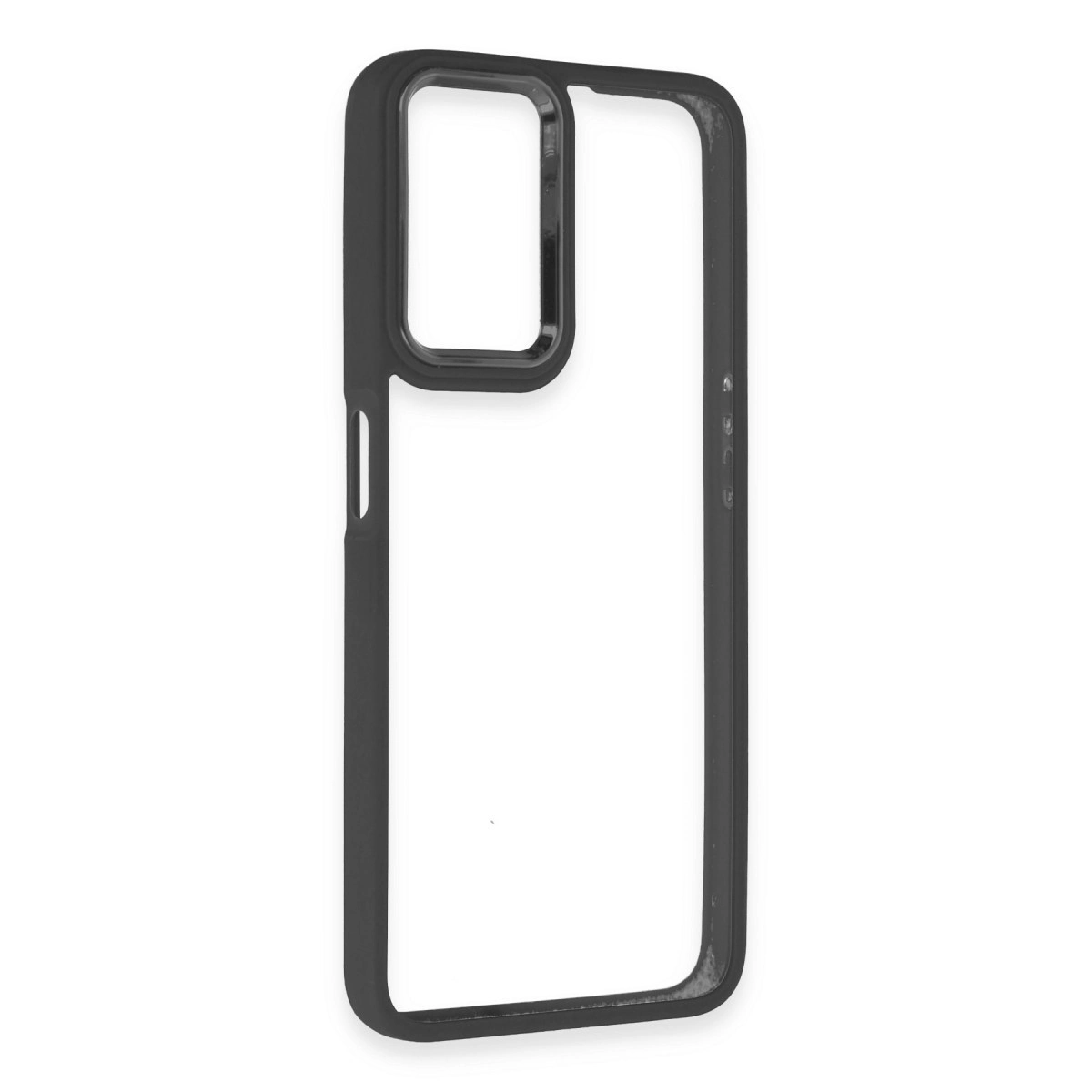 Kamera ve düğmeler için kesikleri olan siyah şeffaf telefon kılıfı.