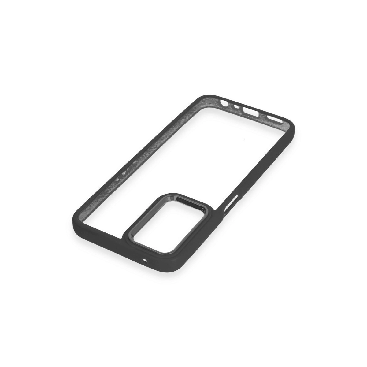 Kamera ve düğmeler için kesikleri olan siyah telefon çerçevesi.