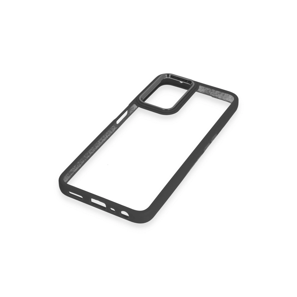 Kesikleri olan siyah, şeffaf telefon kılıfı çerçevesi.