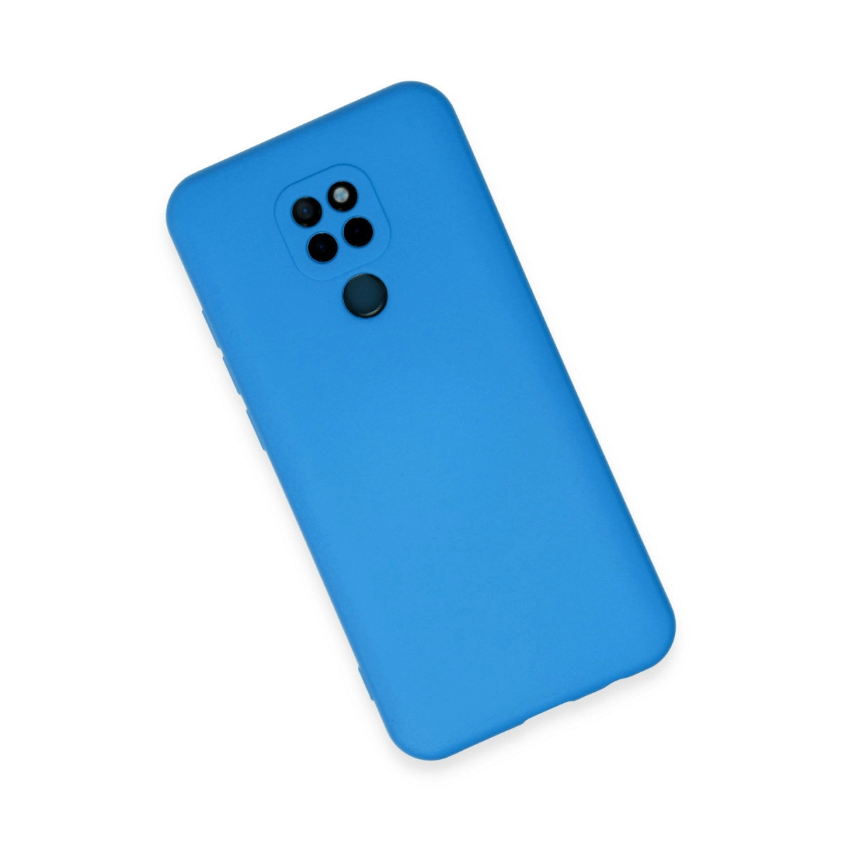 Kamera modülü ve parmak izi sensörlü mavi telefon kılıfı.