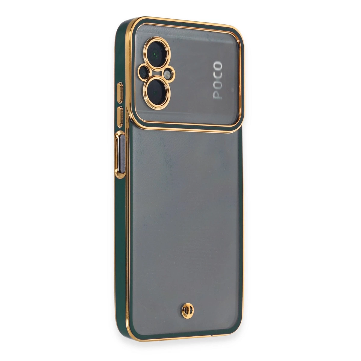 Altın kenarlı ve kamera kesimli koyu yeşil telefon kılıfı.