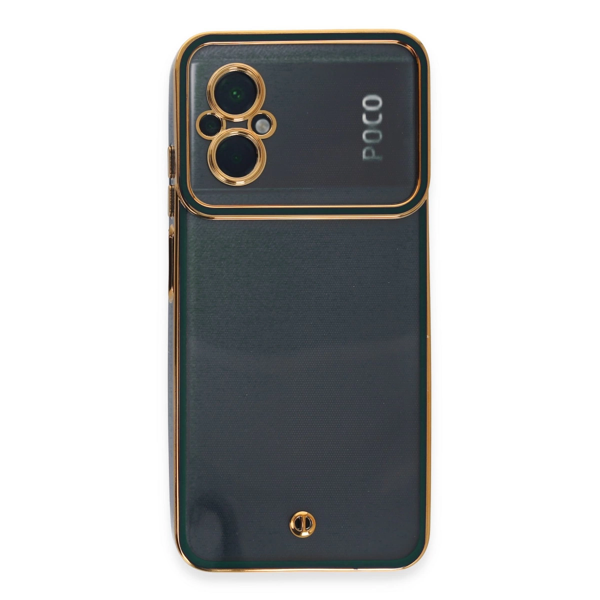 POCO logolu, altın aksanlı koyu yeşil telefon kılıfı.
