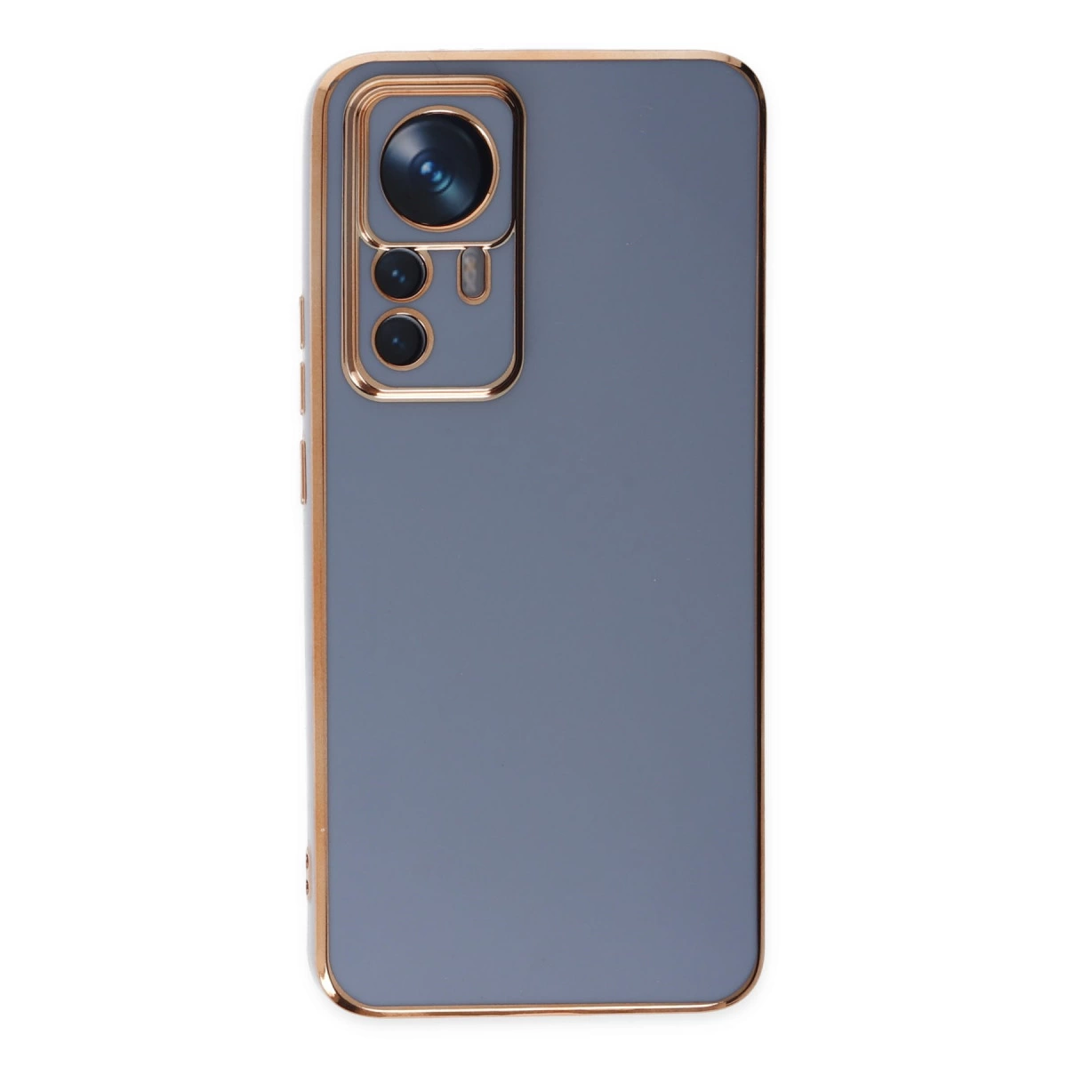 Altın kenarlı ve kamera modüllü gri telefon kılıfı.