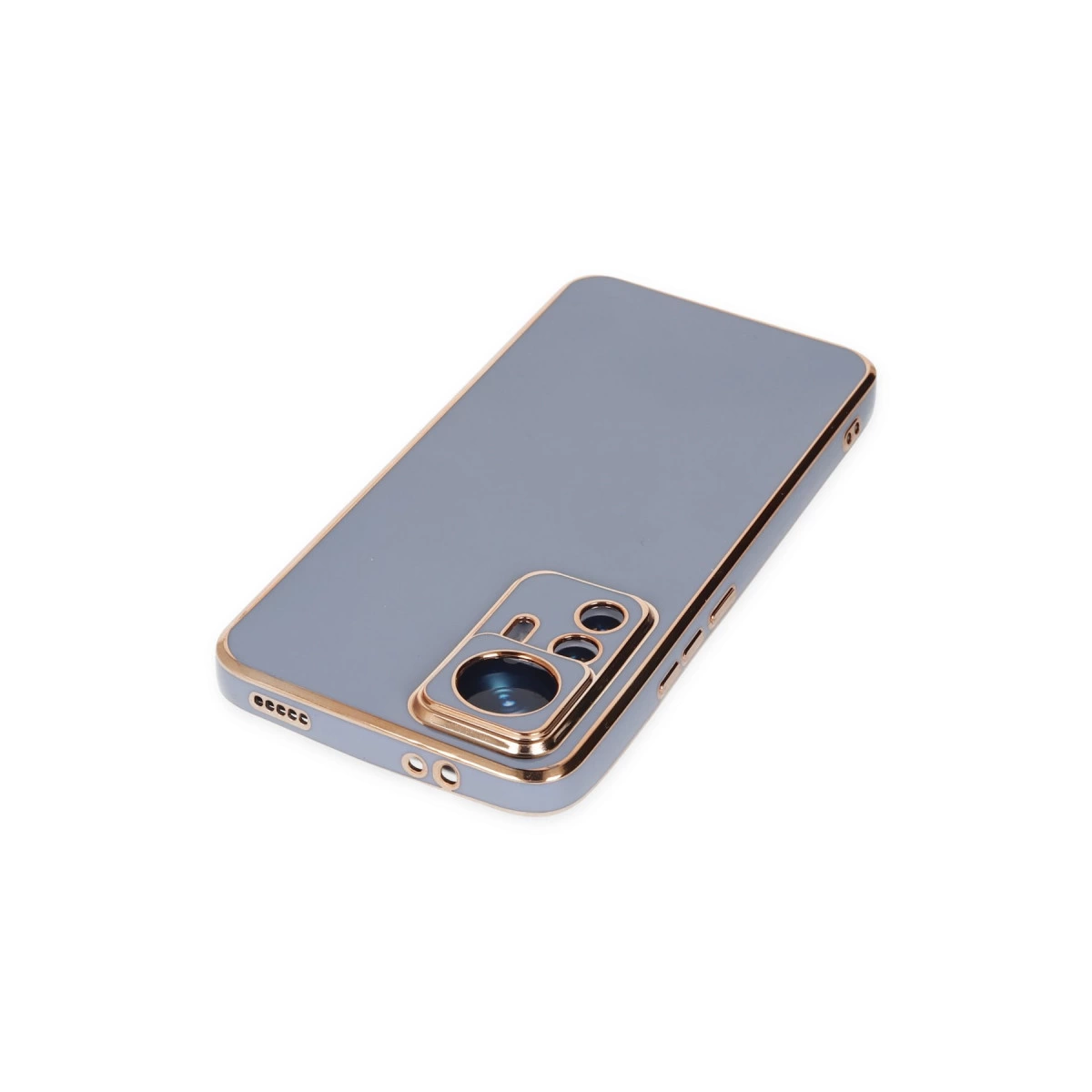 Altın kenarlı ve kamera kesimli gri telefon kılıfı.