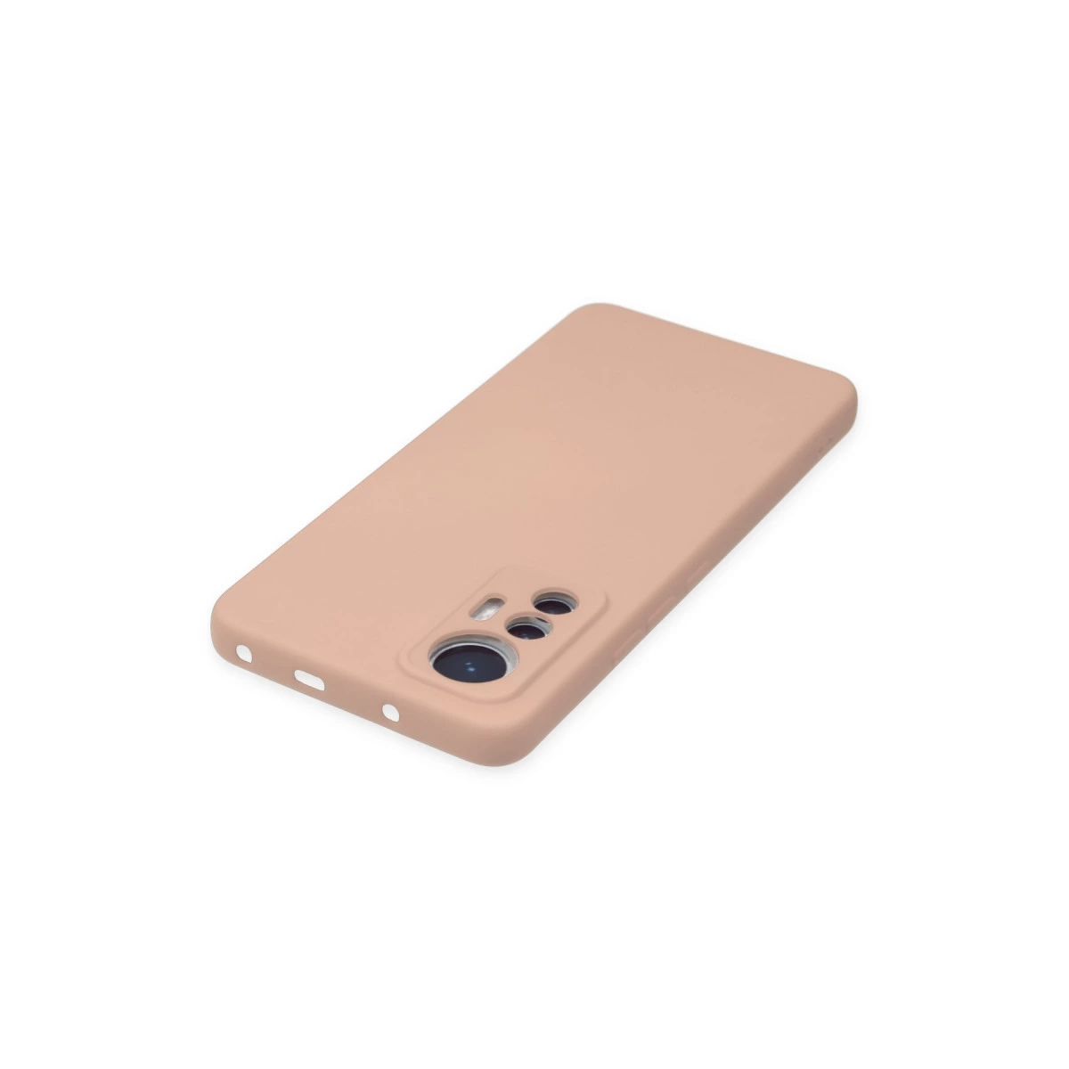 Arkada kamera modülü olan şeftali rengi telefon kılıfı.