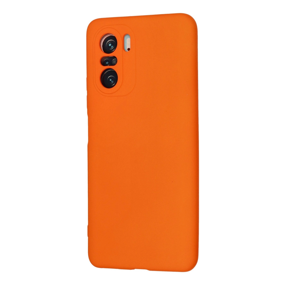 Beyaz arka plan üzerinde kamera kesimli turuncu telefon kılıfı.