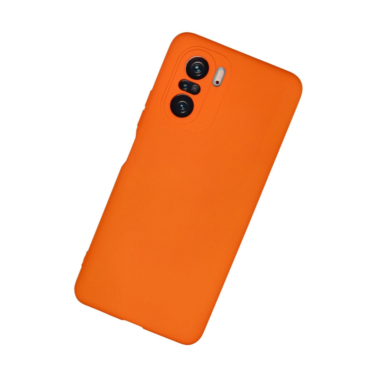 Kamera modülü ve flaşlı parlak turuncu telefon kılıfı.