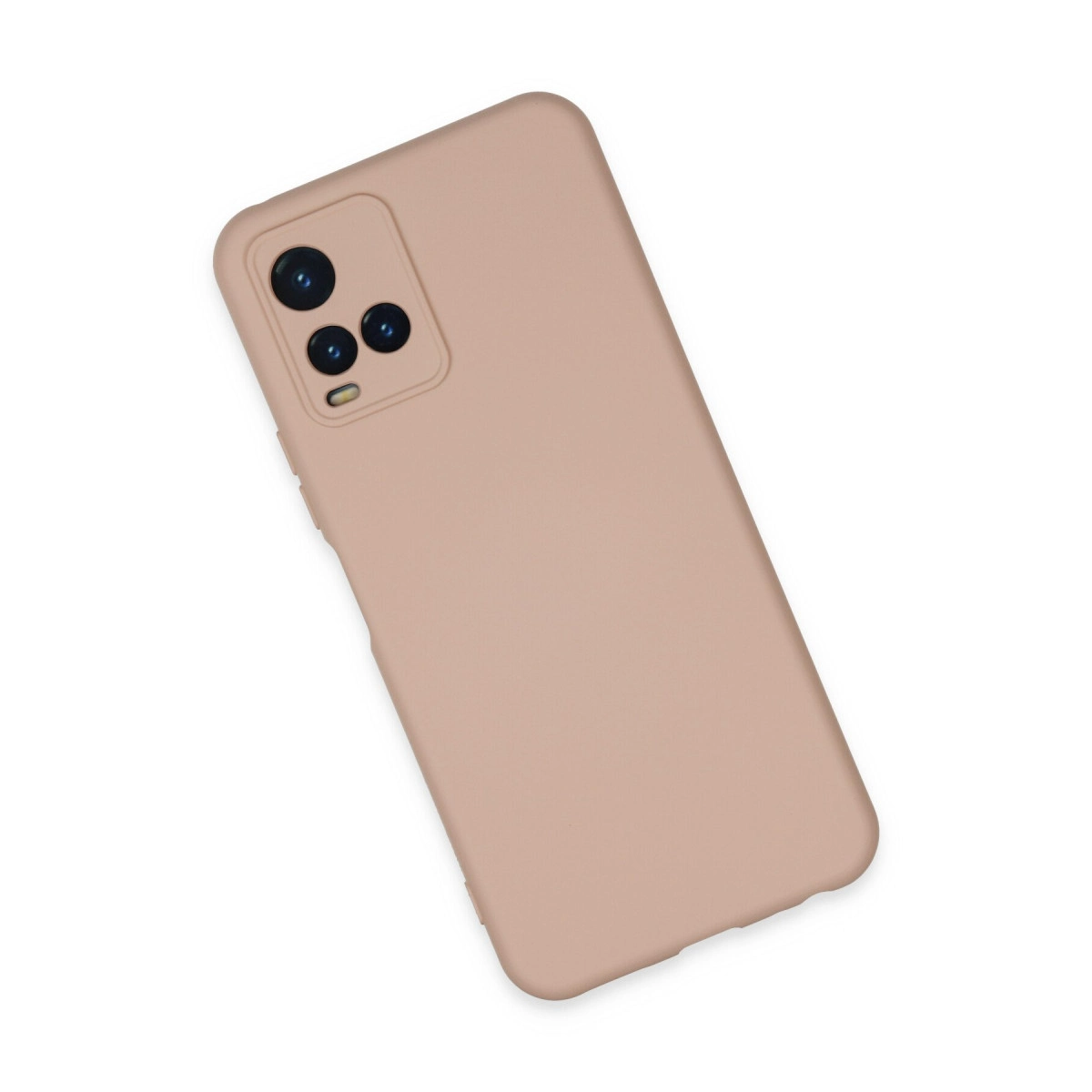 Arkada kamera modülü bulunan bej renkli telefon kılıfı.