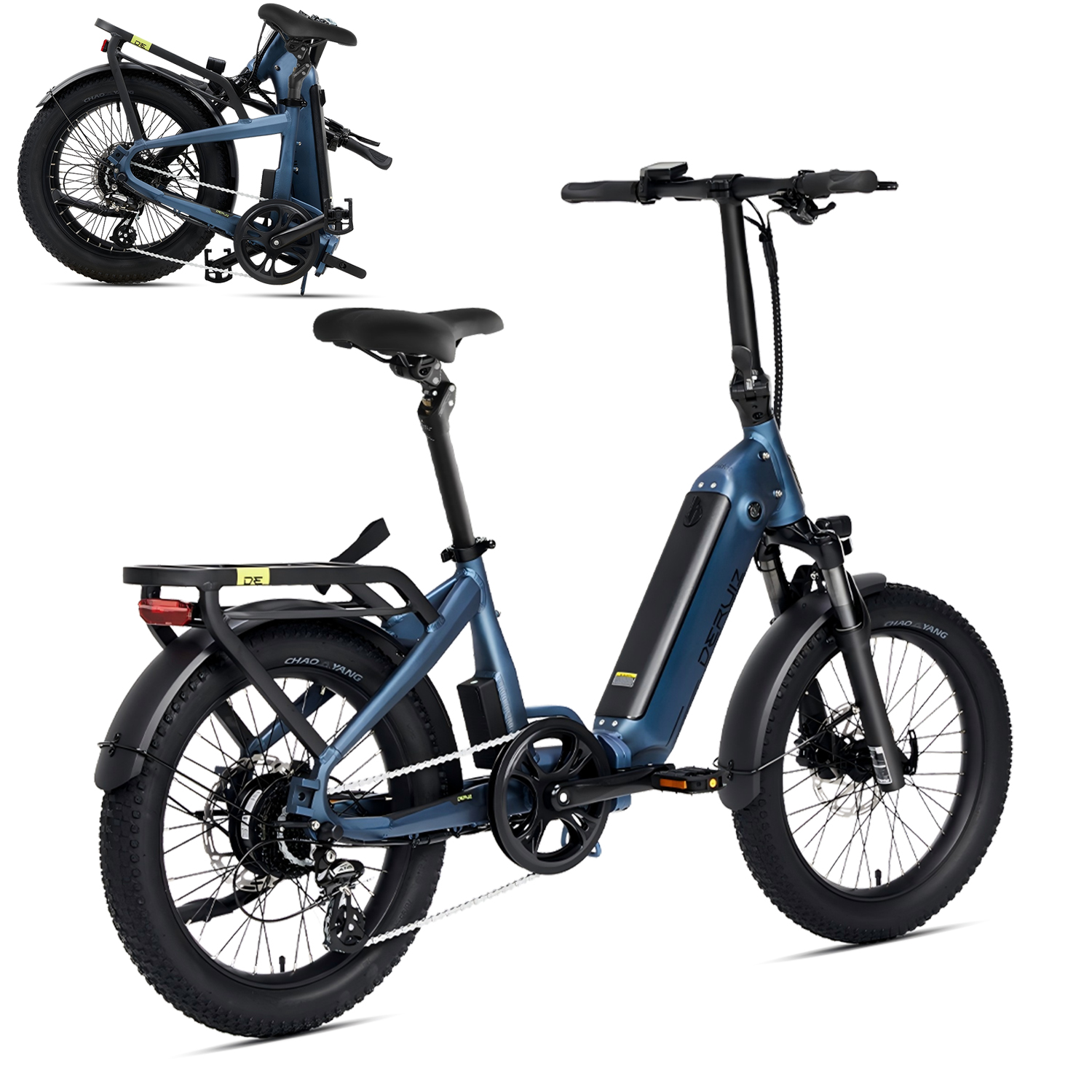 Blaues faltbares E-Bike mit dicken Reifen und Gepäckträger. Offen und gefaltet gezeigt.
