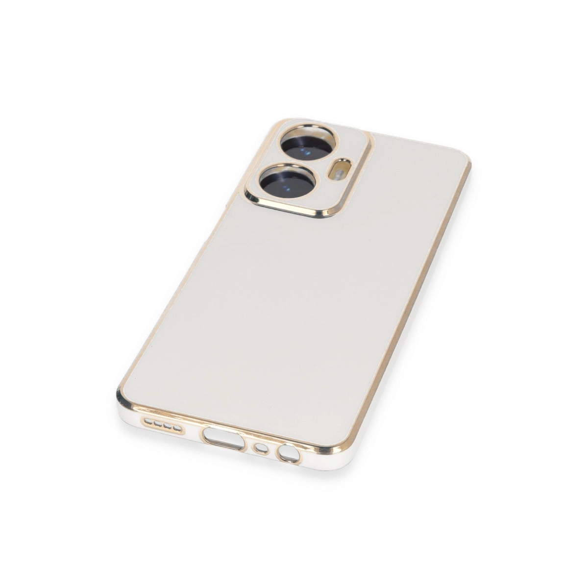 Altın kenarlı, sade beyaz telefon kılıfı ve kamera lens detayı.