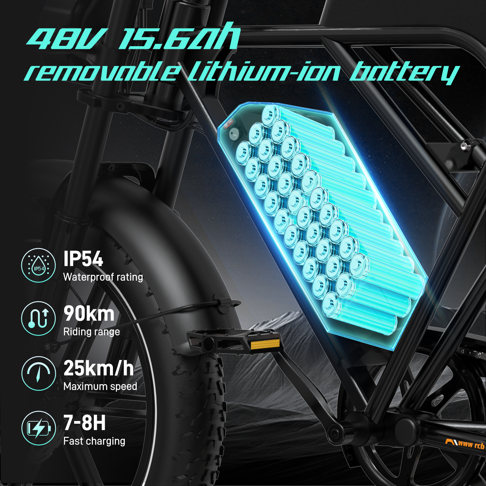 E-Bike Akku mit 48V 15,6Ah, 90km Reichweite, 25km/h, IP54.