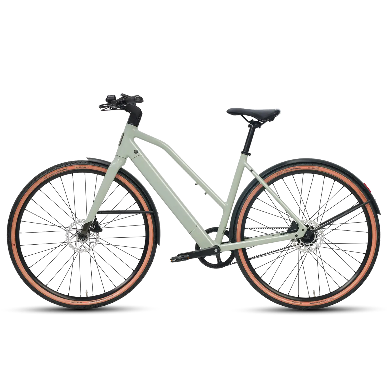 Ein hellgrünes Fahrrad mit braunen Reifen, schwarzen Felgen und Scheibenbremsen.
