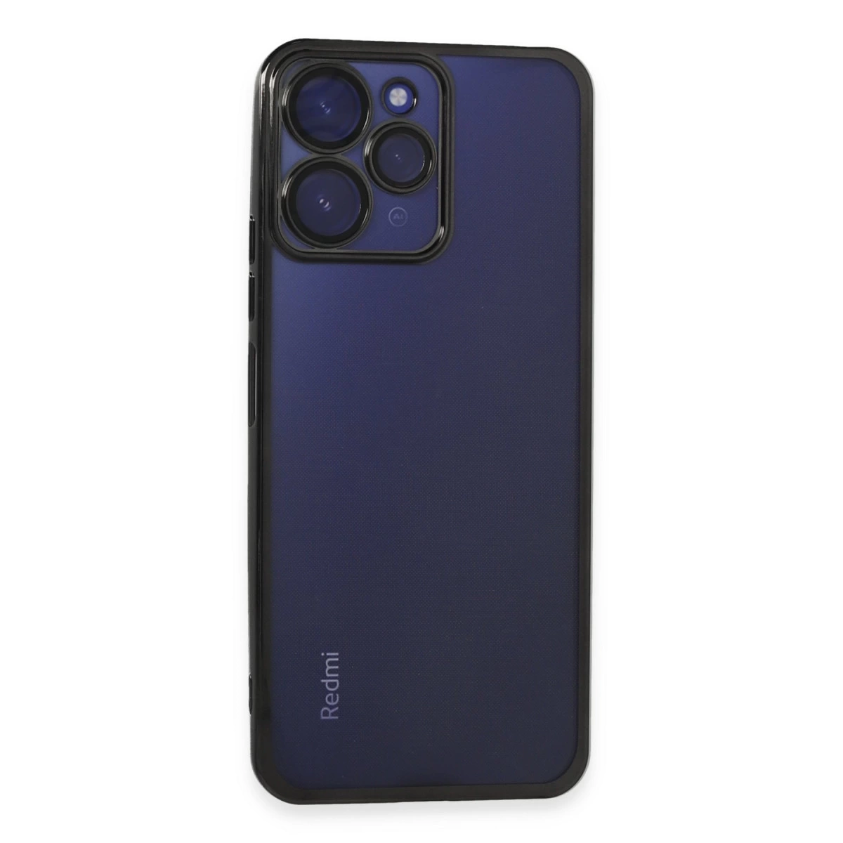 Siyah çerçeveli, kamera lensli lacivert telefon kılıfı.