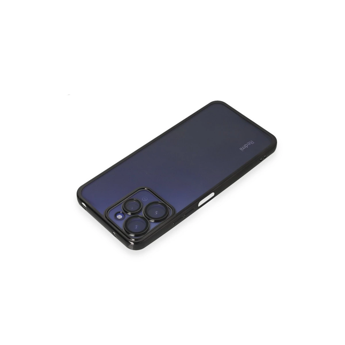 Beyaz arka plan üzerinde siyah çerçeveli ve kamera lensli koyu mavi telefon.