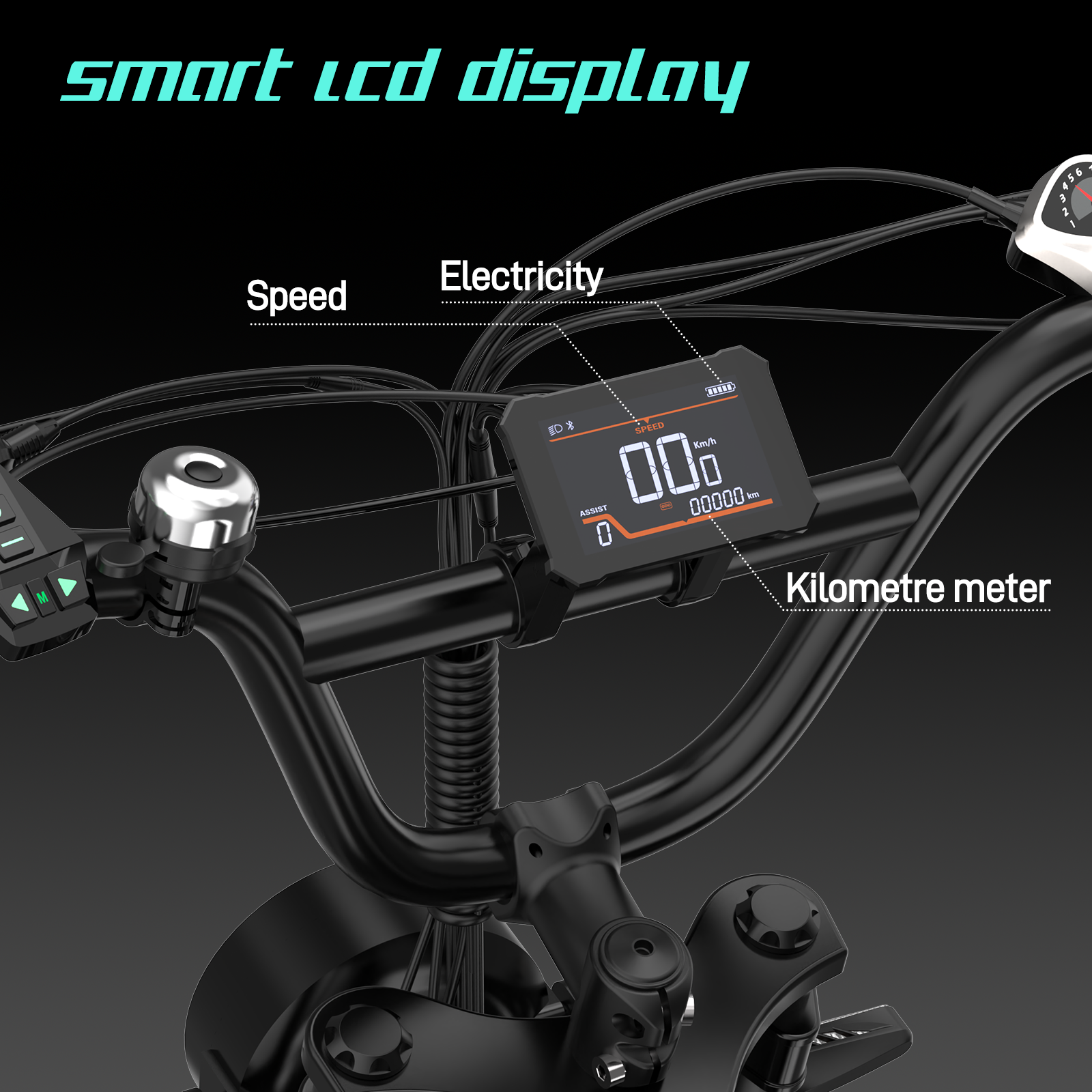 Nahaufnahme des Lenkers eines E-Bikes mit einem digitalen Display, das Geschwindigkeit, Strom und Kilometerstand anzeigt.