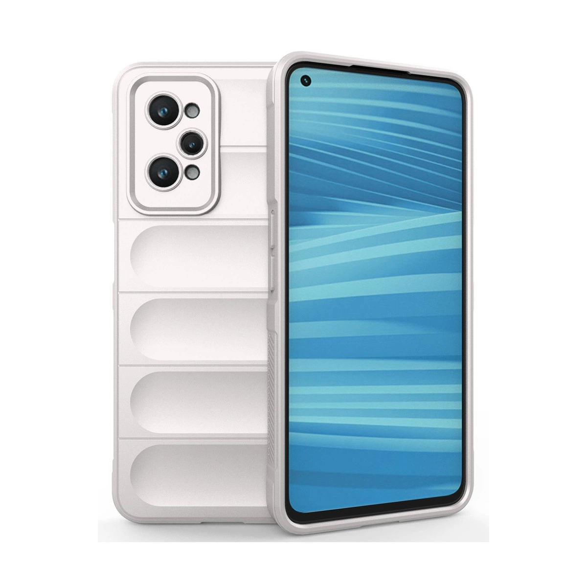 Kamera çıkıntılı beyaz telefon kılıfı ve mavi ekran.