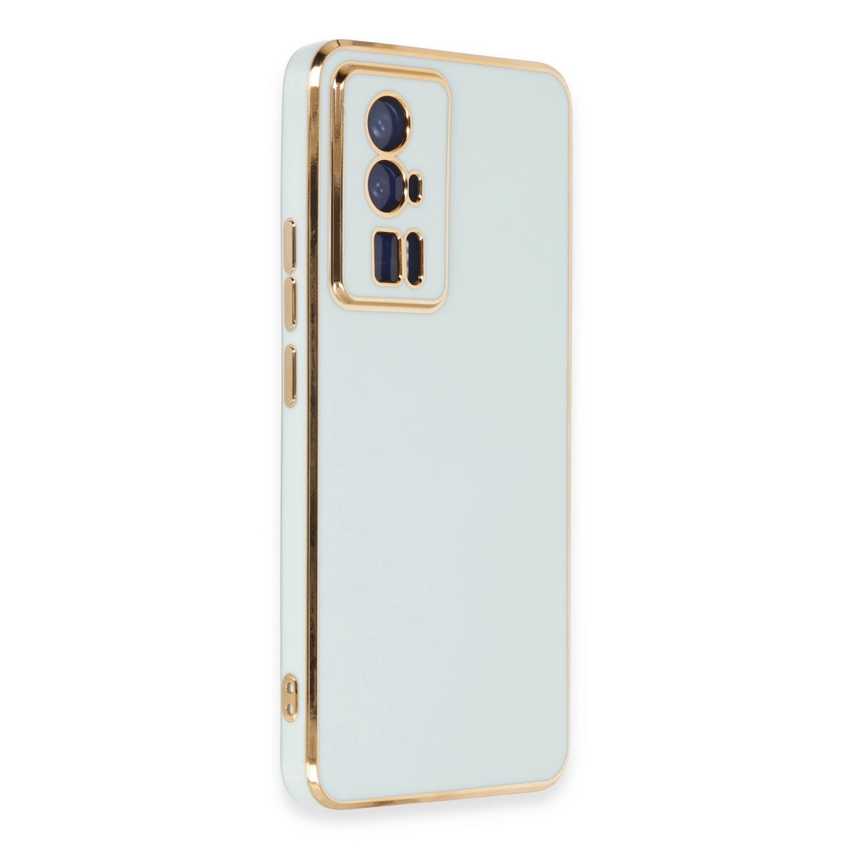 Altın kenarlı ve kamera kesimli açık mavi telefon kılıfı.