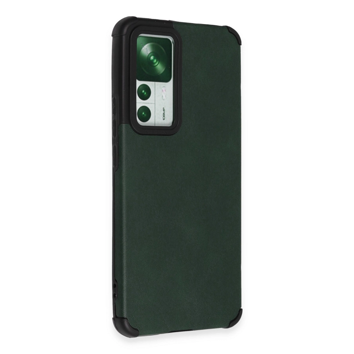 Üç lensli siyah kamera çerçeveli koyu yeşil telefon kılıfı.