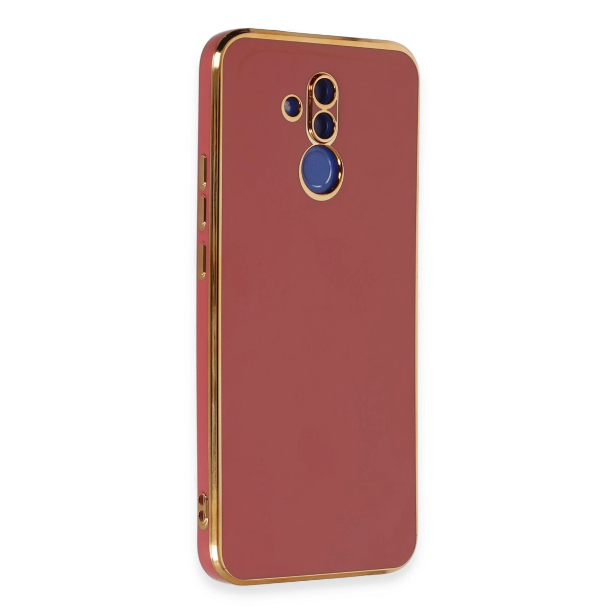 Altın kenarlı ve kamera kesimli kırmızı telefon kılıfı.