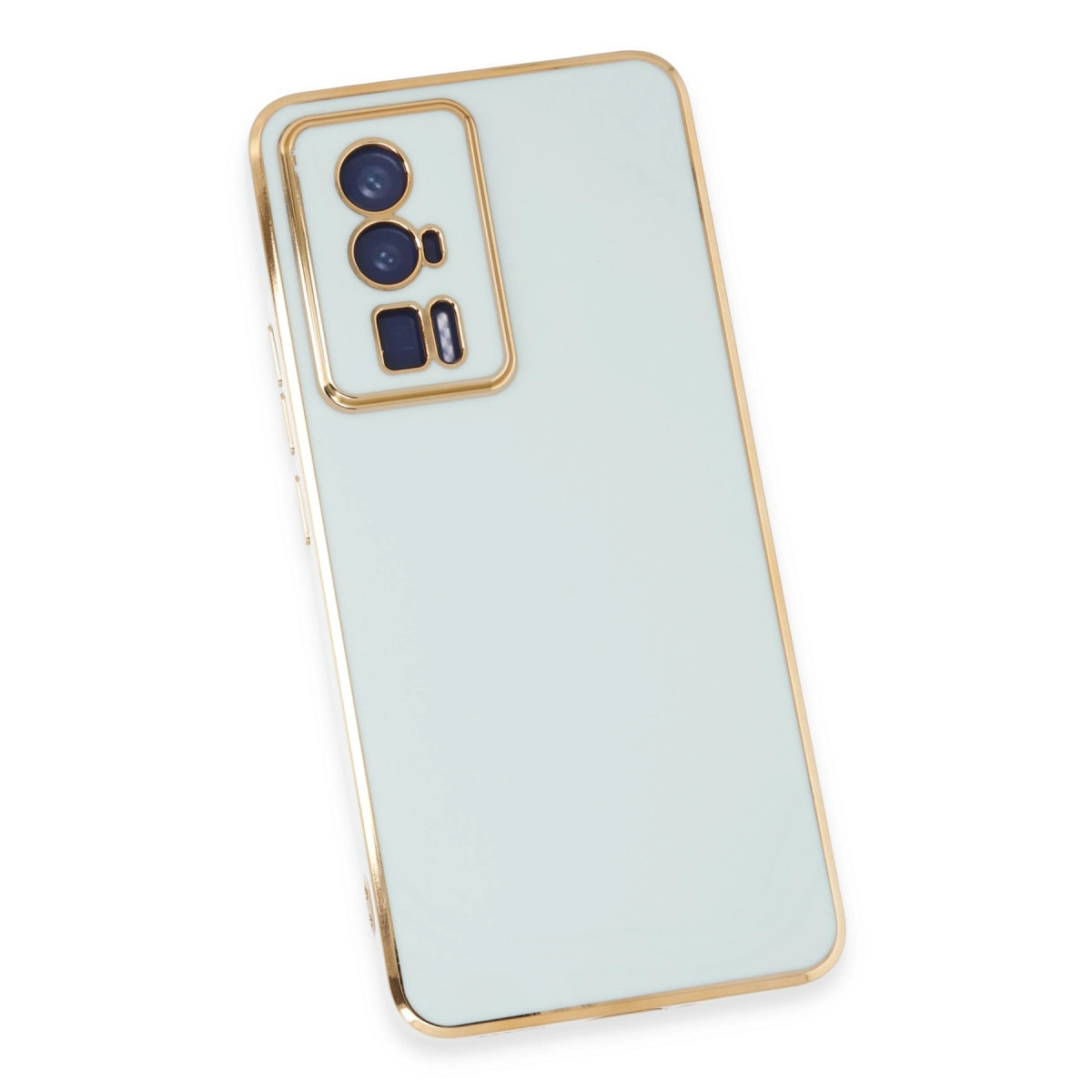 Altın çerçeveli ve kamera kesimli açık mavi telefon kılıfı.