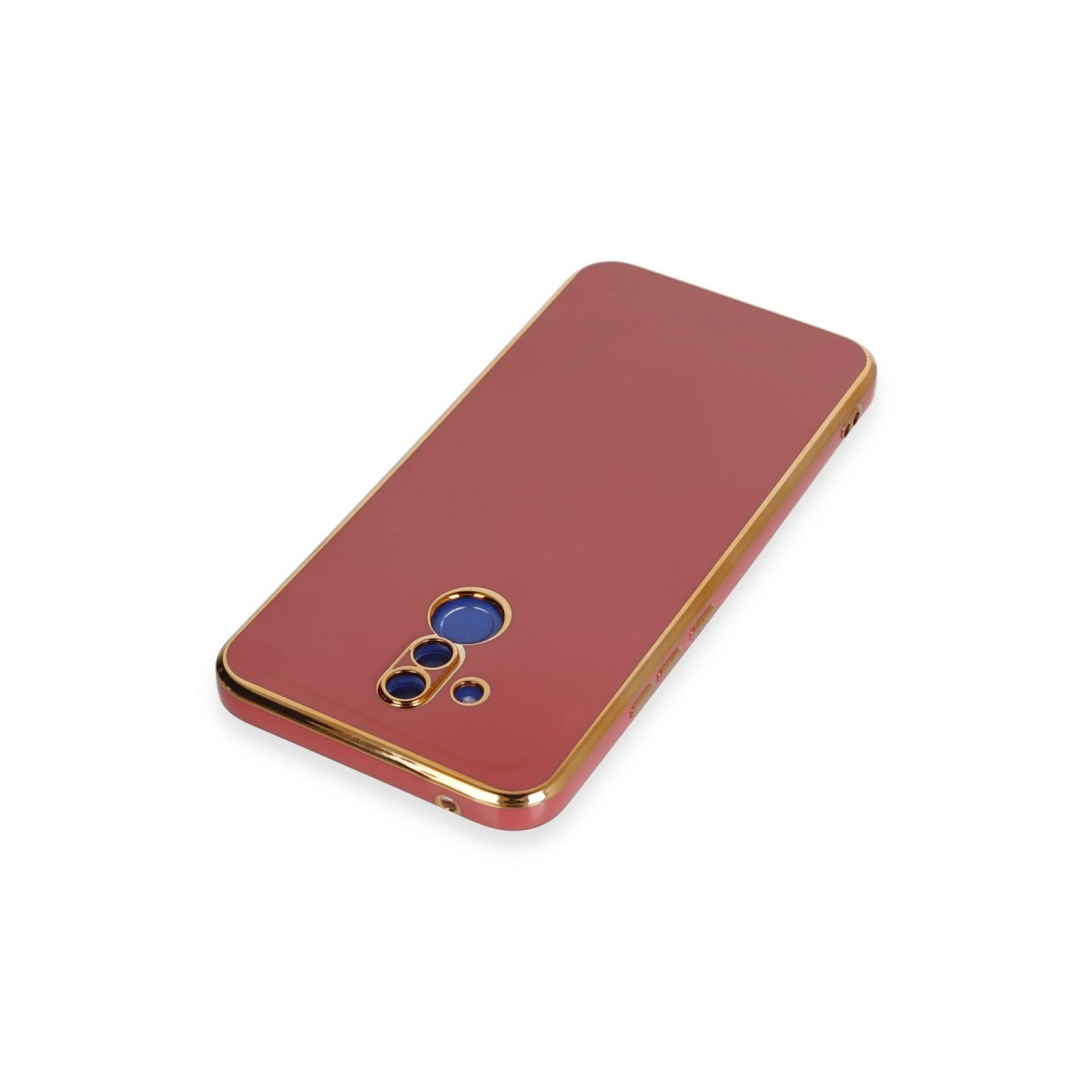 Altın kenarlı ve kamera oyuntulu kırmızı telefon kılıfı.