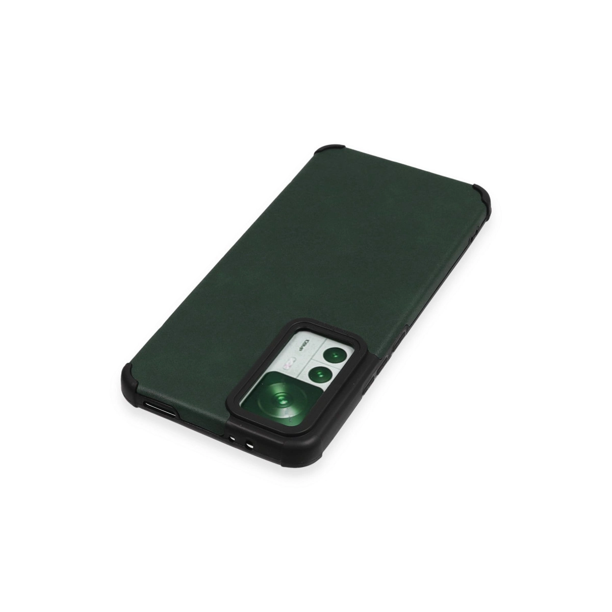 Siyah kamera çerçeveli ve flaşlı koyu yeşil telefon.